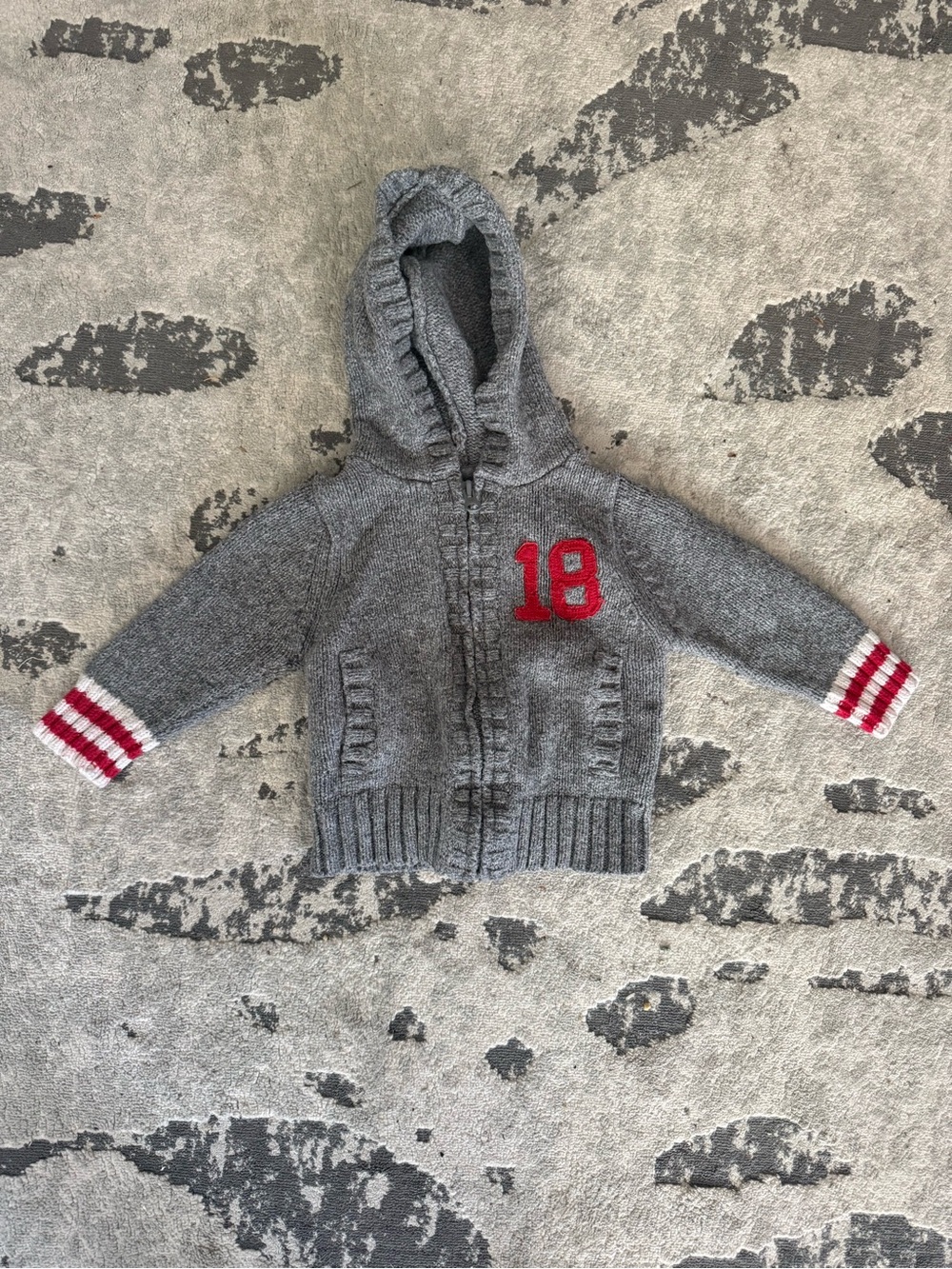 OshKosh B'gosh Gray Hooded Knit Zip Sweater with Red '18' Patch